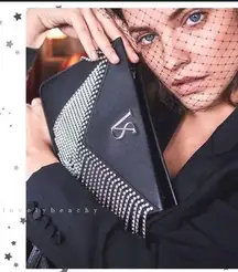 Victoria Secret Small Black Crossbody Purse Faux Leather Rhinestone Fringe