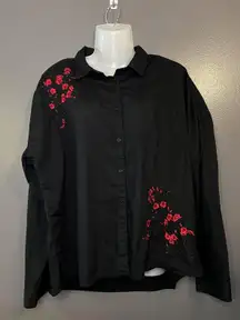Streetwear Society Shirt Womens Large Black Embroidered Red Floral Button Up Top