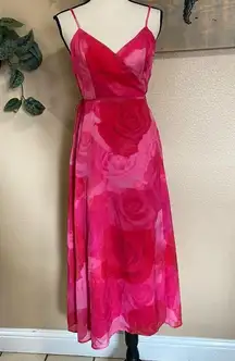 NWOT Lulus Radiant Perfection Hot Pink Floral Print Wrap Midi Dress