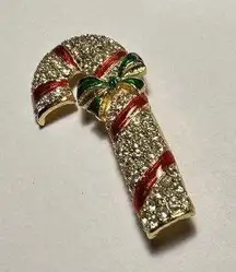 Rhinestone & Enamel Candy Cane With Bow Christmas Holiday Brooch Pin