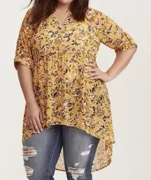 Torrid Lexie Mustard Yellow‎ Floral Hi-Lo 3/4 Tab Sleeves Chiffon Top Size 2X