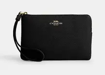 Coach Corner Zip Wristlet Black Pebbled Leather