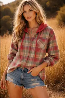 Plaid Flannel Hoodie Shirt XL Red Green Button Up Top Lumberjane Outdoor Cabin