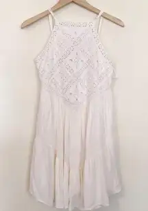 Cream High Neck Flowy Crochet Lace Tiered Slip Mini Dress Boho M