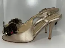 Kate Spade  Champagne Gold Satin Peep Toe Slingback Heels Pump w Sequin Pom Pom 6