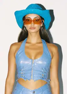 Princess Polly high vibrations PU‎ halter top blue faux reptile leather womens 4