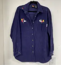 Vintage Disney Blue Corduroy Mickey & Minnie Embroidered Butterfly Down Shirt M
