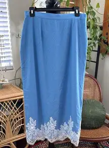 NWT WAYF Pippa Blue Linen Blend Lace Trim Midi Pencil Skirt