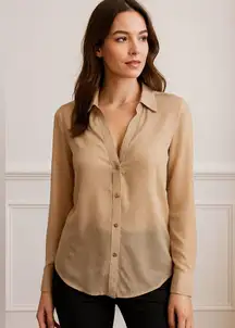 Cache Vintage Metallic Gold Polka Dot Sheer Button Up Blouse Top Size M