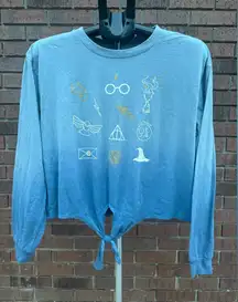 Harry Potter Long Sleeve Cropped Top Front Tie Gradient Blue Shirt Size Large