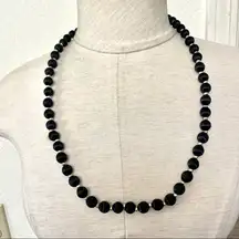 Long Black silk ball silver tone necklace