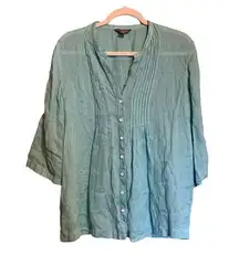 Tommy Bahama Womens Size Medium Blue Linen Pintucked Accent Button Blouse