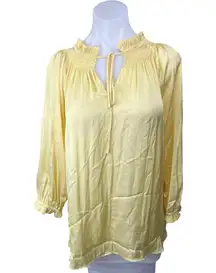 Joan Vass Yellow Ruffle Smocked Tie Neck Long Sleeve Pullover Tunic Blouse Top L
