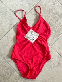 Red One-Piece Swimsuit with Crochet Detail