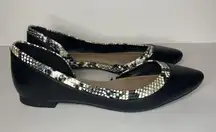 BCBG Women’s Black Round Point Toe Flats with Snake Print Accent Sz 5.5 Crystal