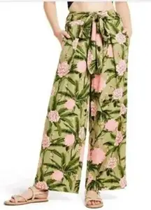 Agua Bendita X Target Wide Leg Pants Peony Floral Tie Waist Linen Green Pink XXL