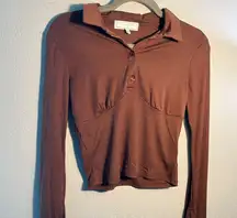 Brown Fitted Long Sleeve Button Down Shirt SZ S 1/4 Button Y2K Petite Tee