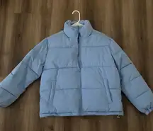 blue puffer jacket