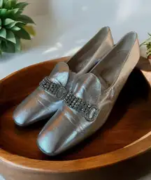 Vtg Saks Fifth Avenue Silver Diamond Embellished Metallic Loafers 9.5AA Heel