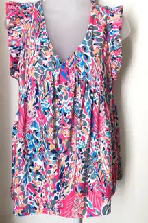 Deep V neck colorful multicolored ruffle hem sleeveless top blouse