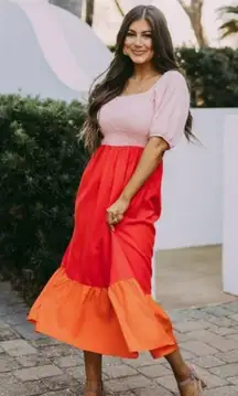 RHODE Eloise Colorblock Smocked Strawberry Multi Midi Dress