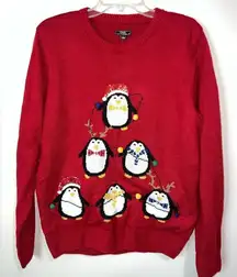 Lisa International Red Penguin Christmas Sweater Sequins and 3D Pom Poms Sz L