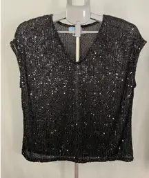 CeCe Black Sequins V Neck Cap Sleeve Sheer Mesh Top Blouse Women Size L