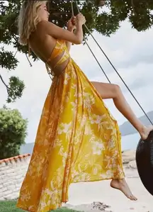 Free People Maxi Dress Lille Yellow Printed Floral Tie Neck Halter New Small