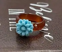 Baby Blue Daisy Floral Brown Agate Bohemian Size 7 Ring