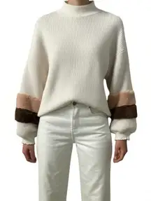 Sweet Generis‎ Sweater Womens Size S/M Cream Ribbed Mock Neck Faux Fur Trim Cozy