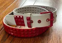 Red Mad White Leather Rock Studded belt Large? Y2K 90s unbranded