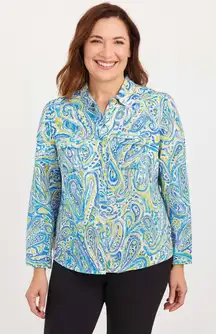 Chico's Artsy Button Front Shirt Womens 0 Small Paisley Blue‎ Cotton Roll Tab