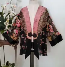 Whimsigoth gothic Embroidered Black Pink Floral lace sheer frog closure kimono