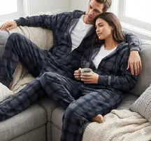 Fabletics Cozy Fleece Hooded Pajama Unisex Medium Gray Midnight Windowpane Plaid