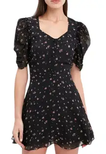 Love Shack Fancy Cora Silk Mini Dress Black Pink Floral Print Sheer Sleev M