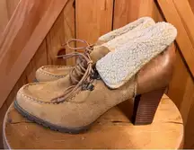 Ruff Hewn Willow Women Size 9.5 M Booties Brown/Tan Sherpa cuff  3.5" Stacked He