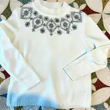 Unique cozy grandma white floral embroidered winter Christmas sweater