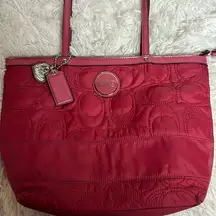 WOMEN'S PINK QUILTED STITCH SIGNATURE NYLON/LEATHER TOTE/SHOULDER BAG