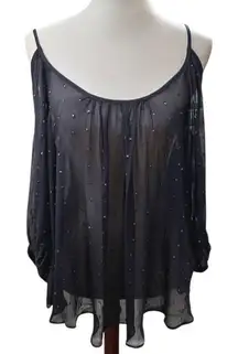 NWOT Navy Sheer‎ Blouse Embellished Fits Medium Fairycore Willow and Clay