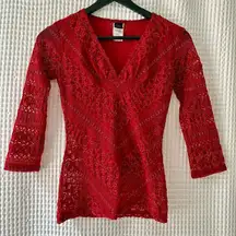 Wrapper stretchy red gold metallic V-neck 3/4-sleeve lace y2k top size small