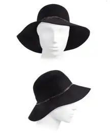 Saks Fifth Avenue Womens Wool Felt Floppy Hat with Silver Chain Black One-Size