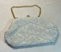 Vintage Hand Made in Hong Kong White Beaded Sequin Evening Bag Purse Party Dance