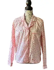 Joie All Over Heart Novelty Print Button Up Long Sleeve Pajama Top  M
