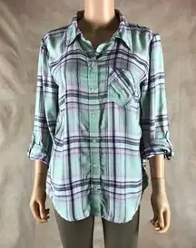 STYLE & CO. Soft Boyfriend Shirt Lightweight Plaid Mint Green Button-down SMALL