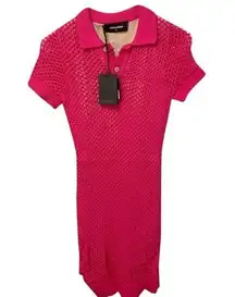 2 women's M fuchsia stretch knit button down collar cuffed shirt dress