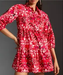 Anthropologie Bettina Tiered Mini Shirt Dress by Maeve Red Motif Size L
