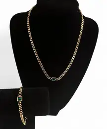 SLIDE JEWELRY SET 18k Gold plated Cuban chain necklace & bracelet with green