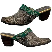 Elite by Corky's Shoes Womens 7 Scroll Leather Heeled Mules Green Brown Tan