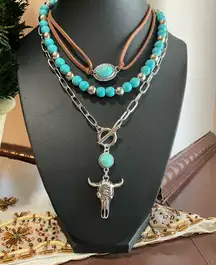 Turquoise and Silver Layered Necklace Set