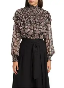 NWT Cinq a Sept Drew Leaf Print Smocked Ruffled Blouse Top Cacao Multi